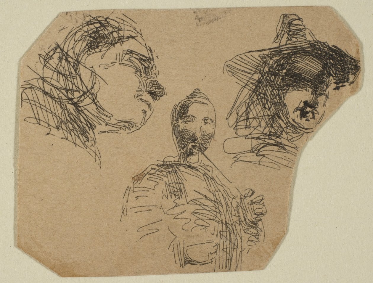 Dvě ženské hlavy a stojící postava ze skic na desce Coast Survey Plate, 1854-55. od James Abbott McNeill Whistler