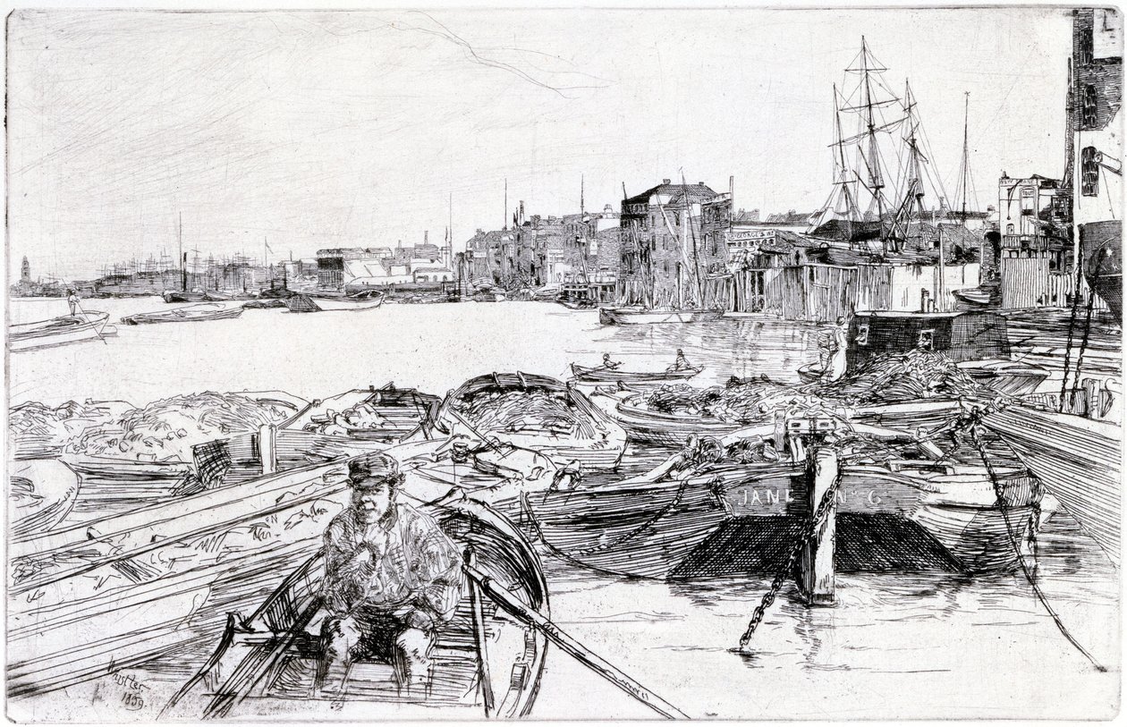 Pohled na Temži nad Londýnskou kotlinou (Anglie) z roku 1859 patří do série rytin Temže, která upozorňuje na společenství námořních dělníků v anglickém hlavním městě. od James Abbott McNeill Whistler