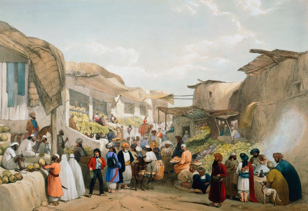 Bazar v Kábulu během ovocné sezóny, první anglo-afghánská válka, 1838-1842 od James Atkinson