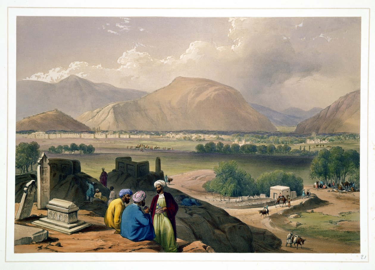 Caubul, z pohřebiště na horském hřebeni, severovýchodně od města, z „Sketches in Afghaunistan“, vyryto Charlesem Haghem (1810-88) a Louisem Haghem (1806-85), vydal Henry Graves, 1 od James Atkinson