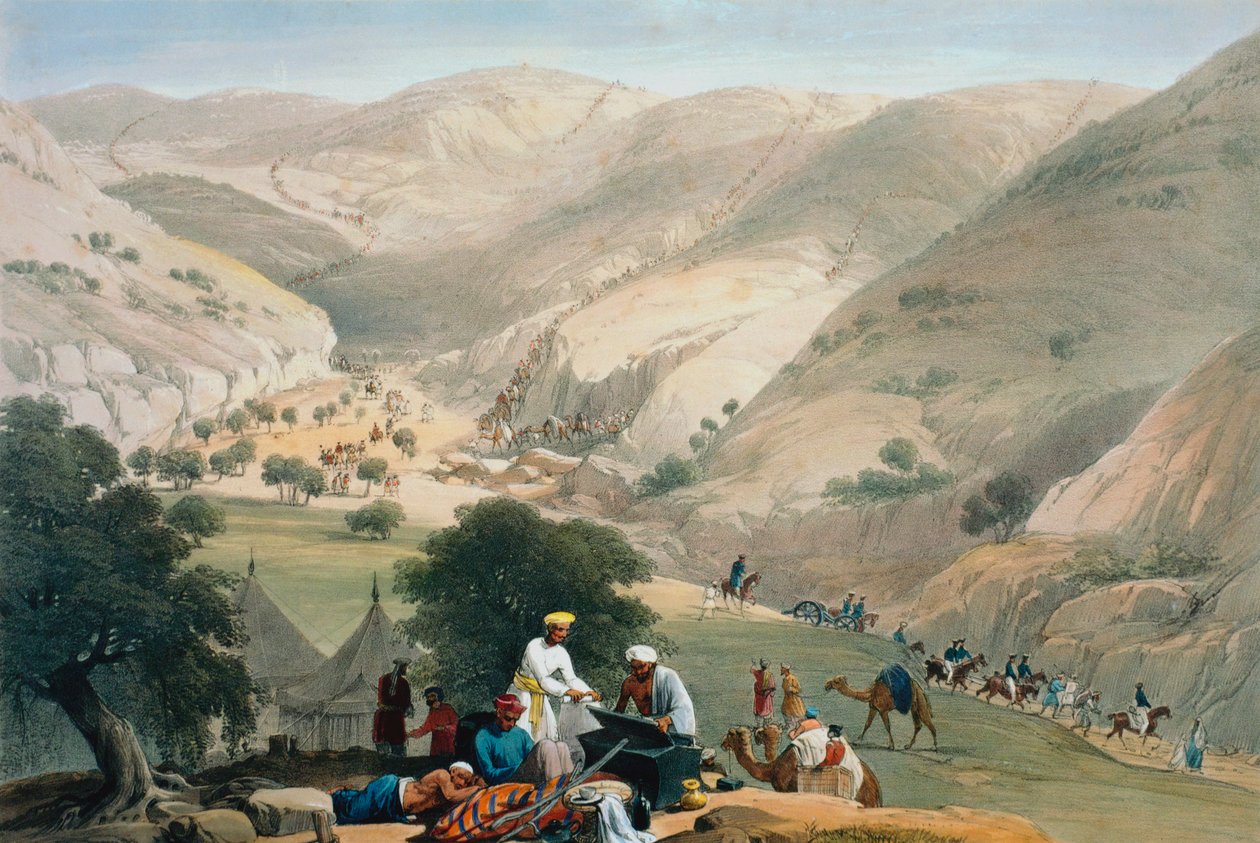 Tábořiště 1. bengálského evropského pluku, první anglo-afghánská válka 1838-1842 od James Atkinson
