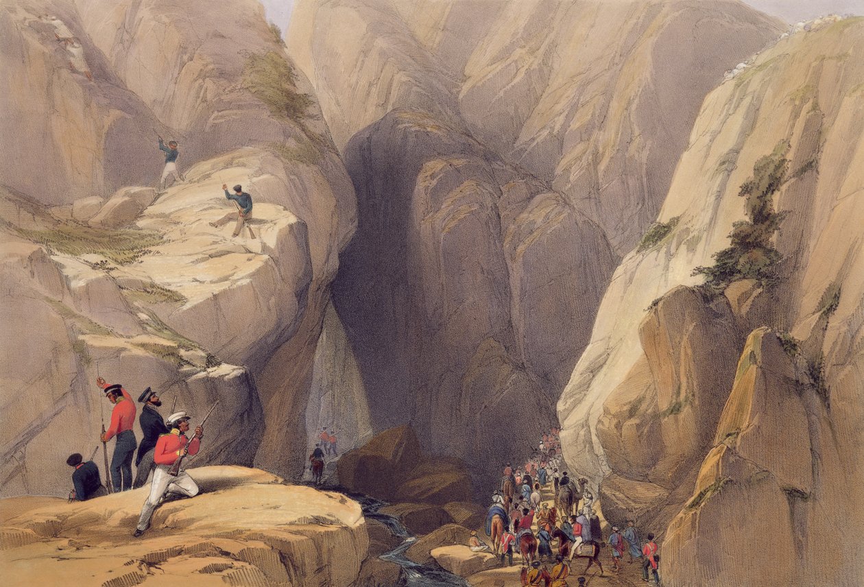 Vstup do průsmyku Kojak z Parish, z „Sketches in Afghanistan“, vyrytý Charles Haghe (1810-88) a Louis Haghe (1806-85), vydal Henry Graves, 1842 od James Atkinson