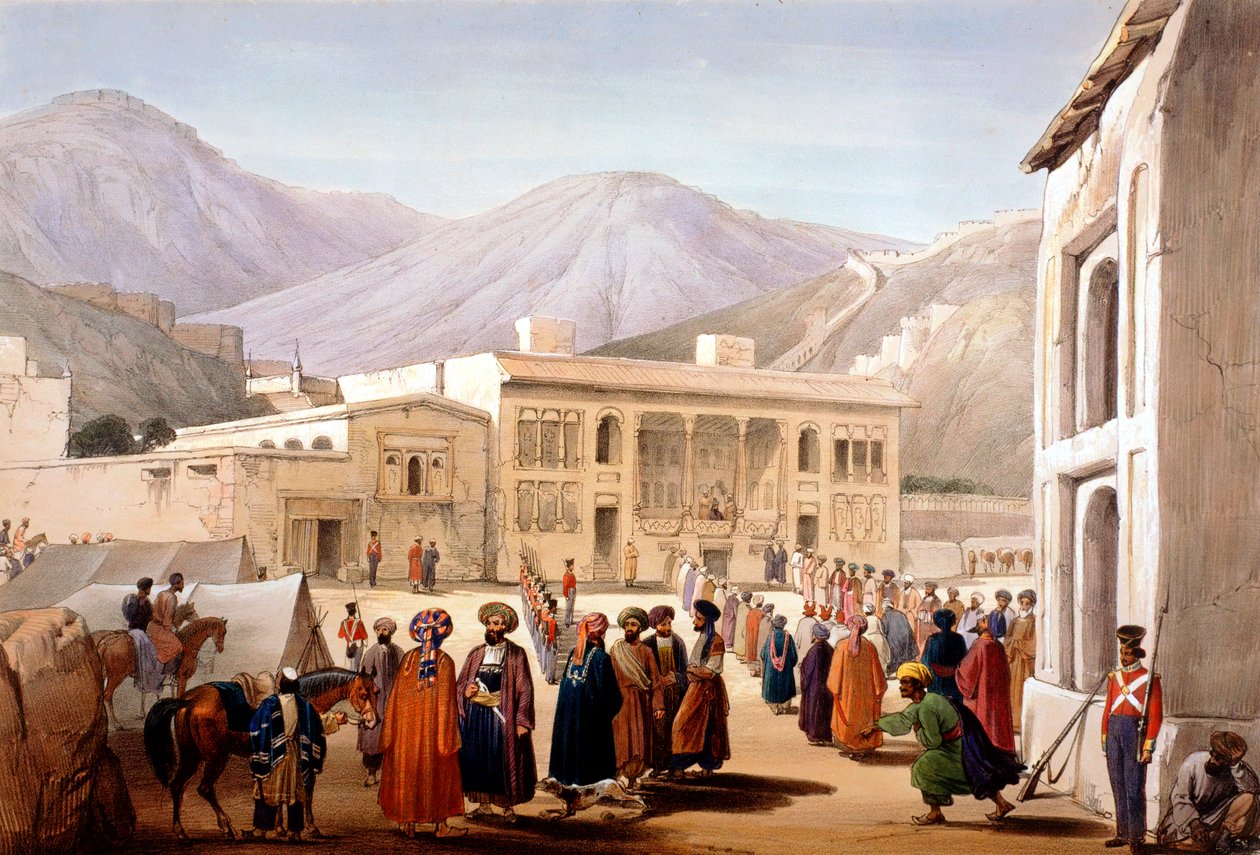 Shah Shoja, loutka Britů, držící durbar v Kábulu, první anglo-afghánská válka, 1838-1842 od James Atkinson