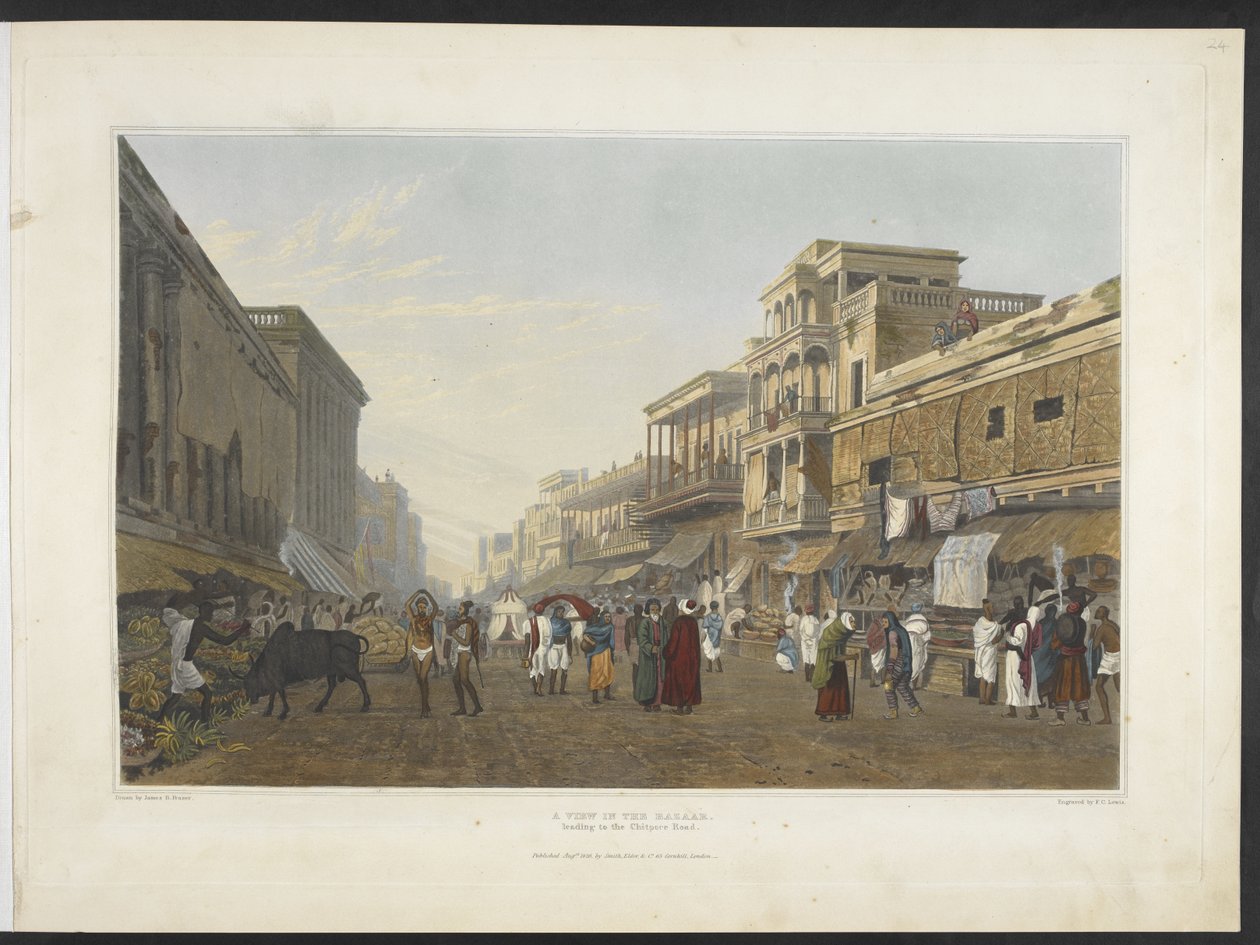 Pohled na bazar, vedoucí na Chitpore Road, z „Pohledy na Kalkatu a její okolí“ 1826 (ručně kolorovaná akvatinta) od James Baillie (after) Fraser