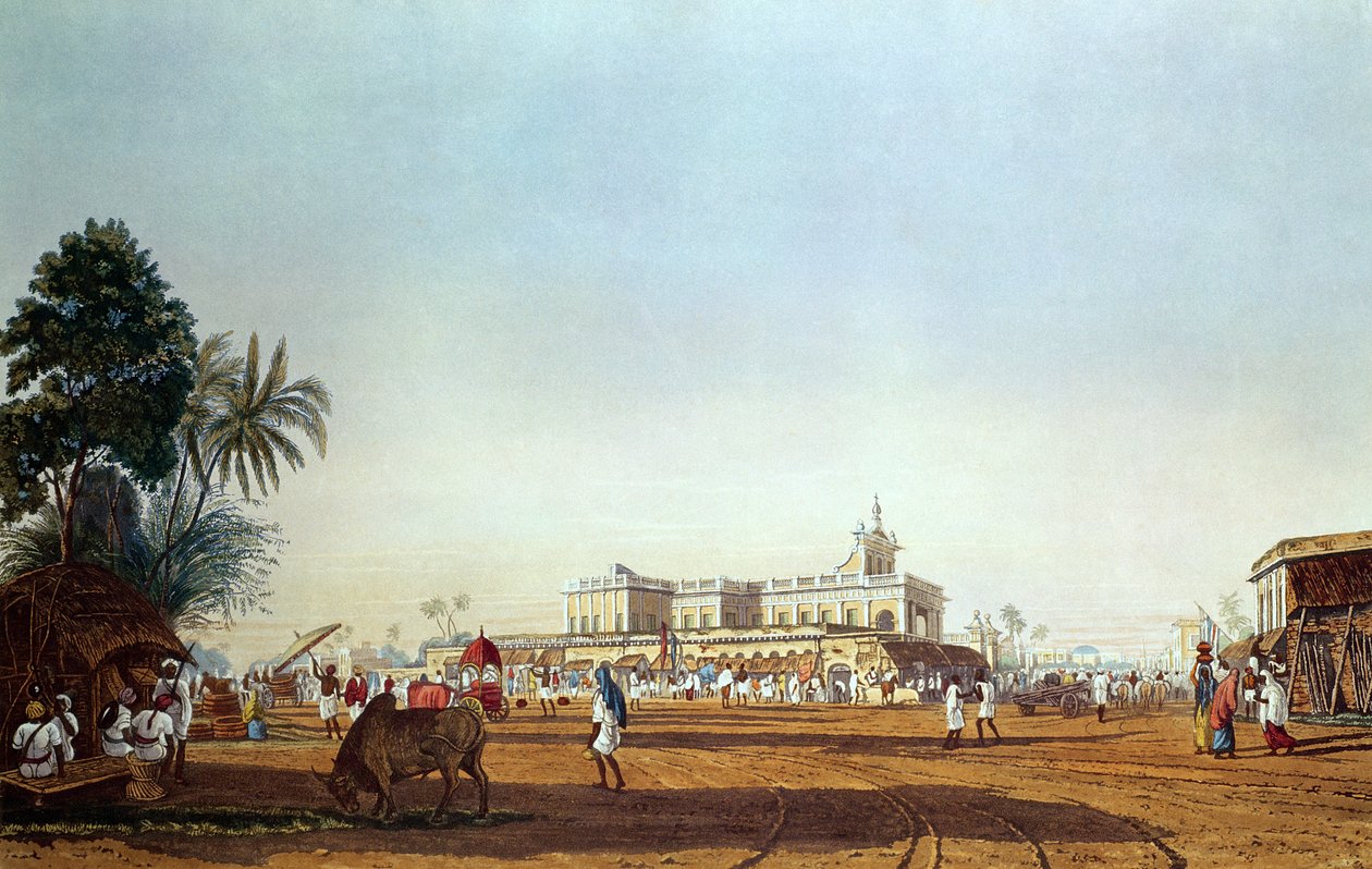 Lall Bazaar a portugalská kaple, Kalkata, ryl Robert Havell, hospoda. 1824 od James Baillie Fraser