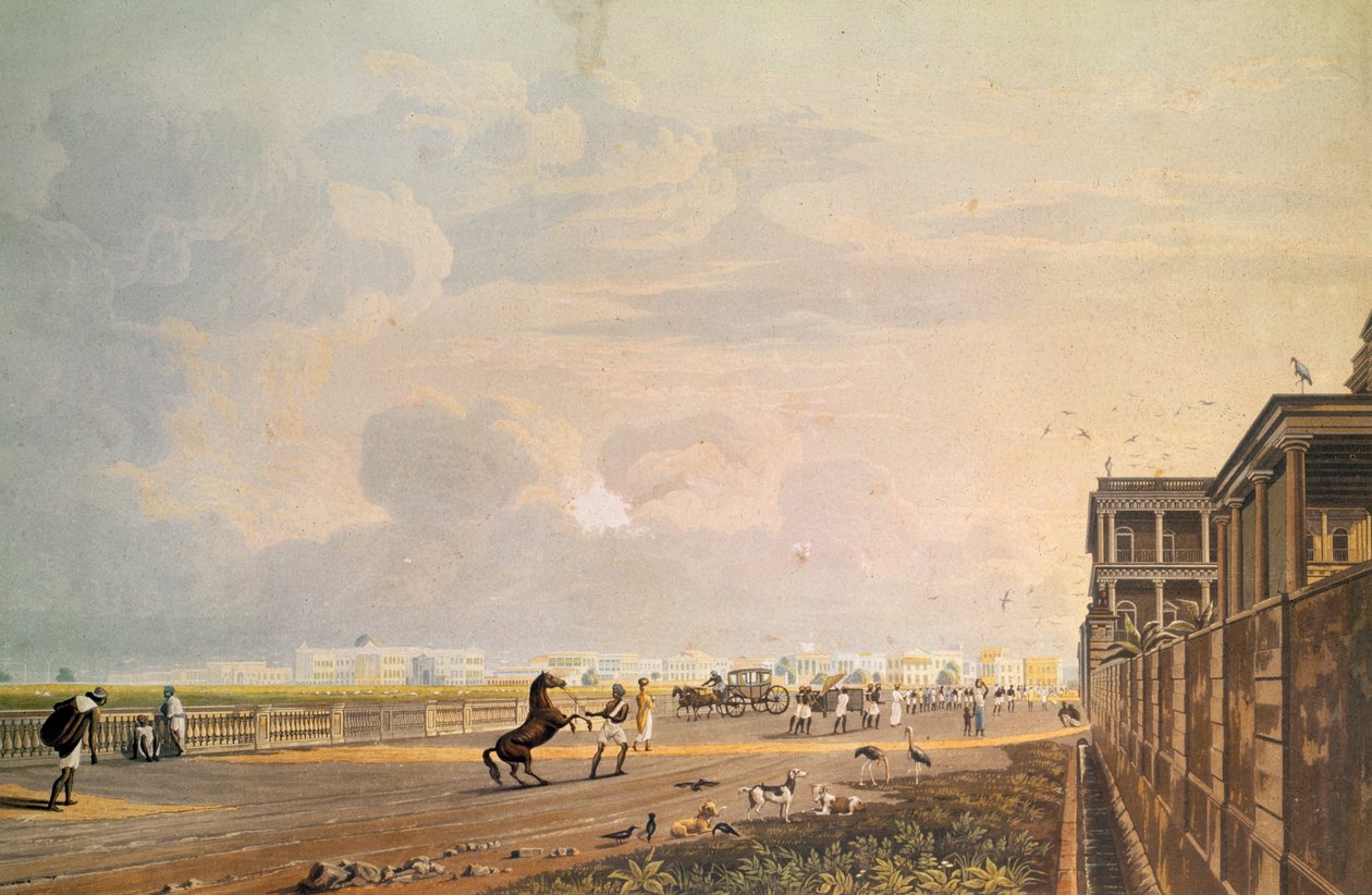 Pohled na Esplanade Row z Chouringhee Road, Kalkata, rytý Robert Havell, hospoda. 1824 od James Baillie Fraser