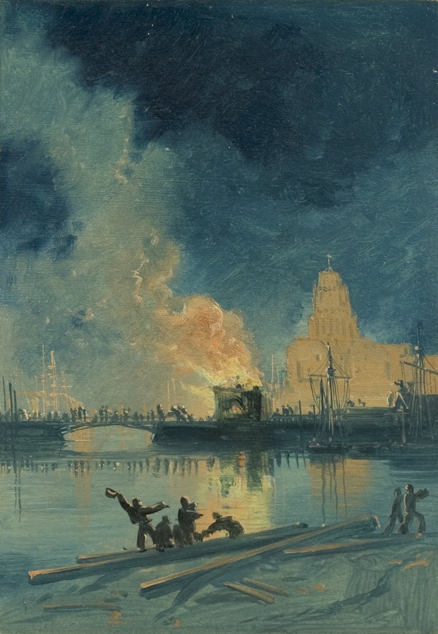 Bristol Riots: Burning Toll House na Prince Street Bridge, kolem roku 1832 (olej na papíře) od James Baker Pyne