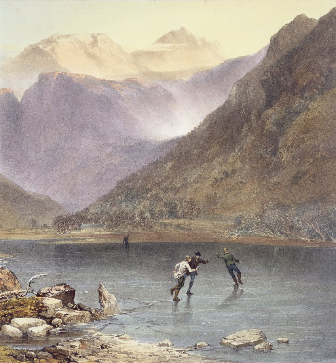 Brothers Water, detail bruslařů, z anglického Lake District, 1853 litho detail 90428 od James Baker Pyne
