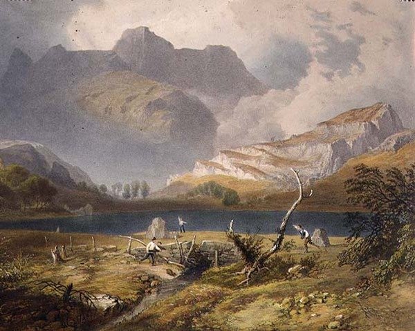 Langdale Pikes, detail jezera, z „Anglické jezerní oblasti“, 1853 od James Baker Pyne