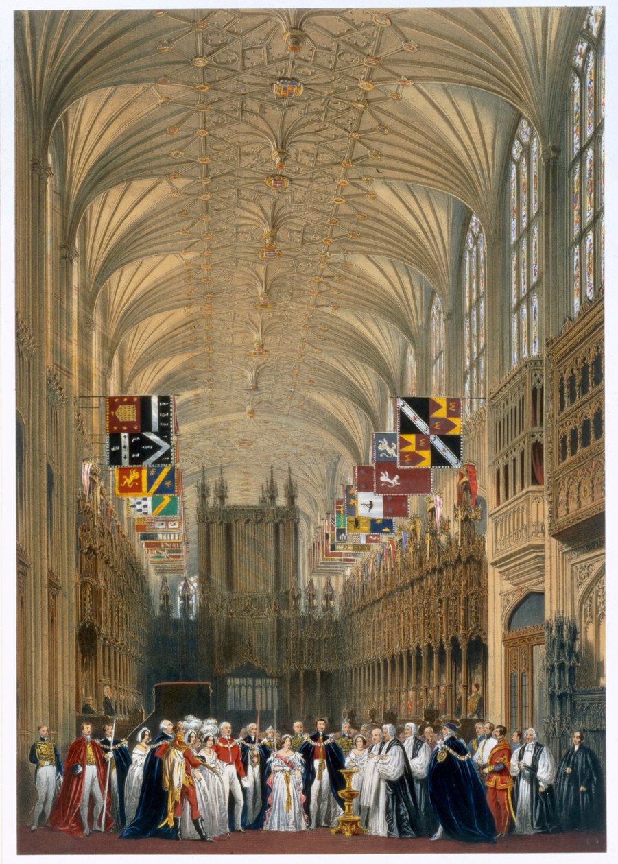 Královna Viktorie a princ Albert na bohoslužbě v kapli svatého Jiří, hrad Windsor, 1838 od James Baker Pyne