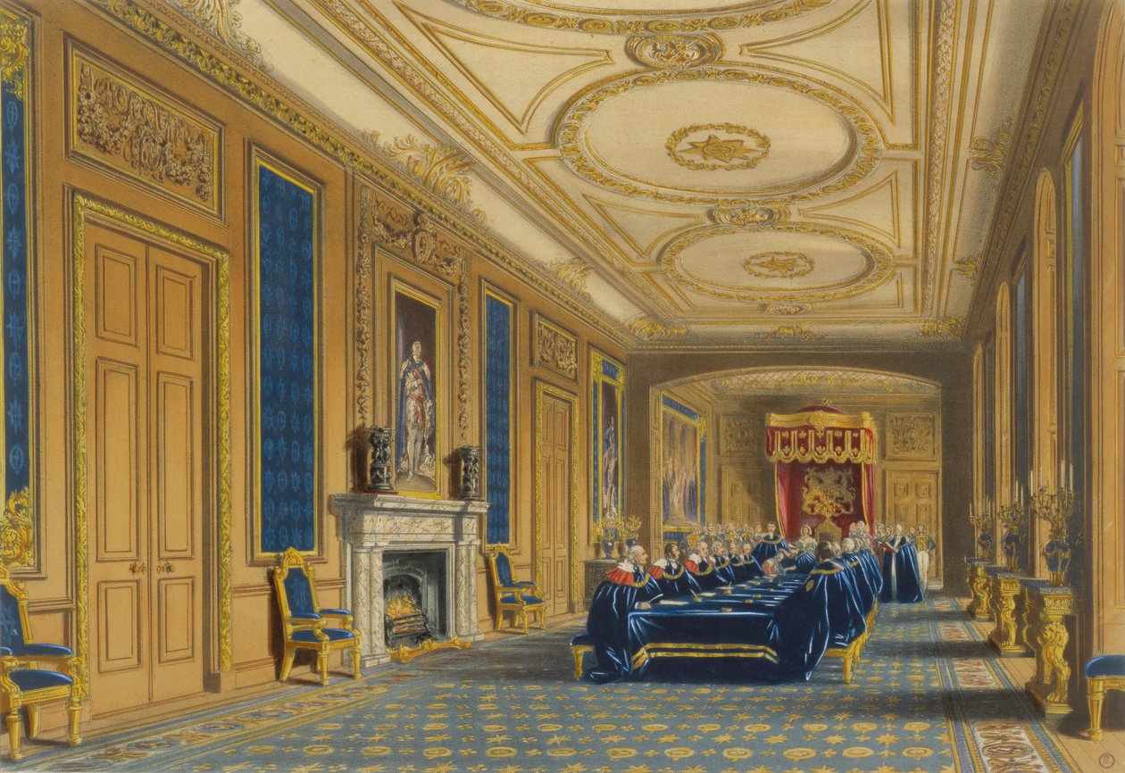 Trůnní sál, hrad Windsor - Instalace řádu podvazku, 1838 od James Baker after Pyne
