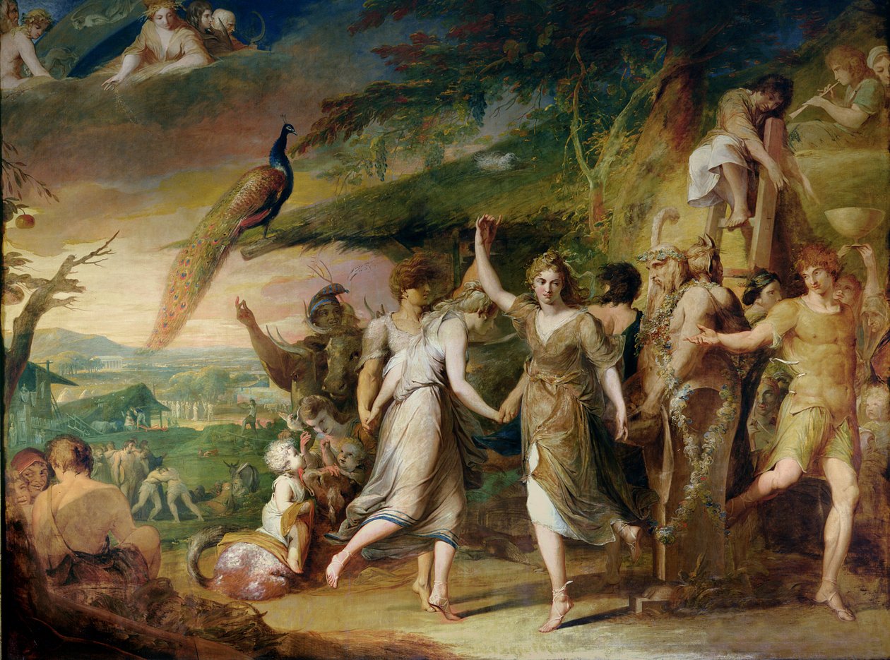 Řecký dožínkový dům aneb Díkůvzdání venkovským božstvům, Ceres, Bacchus Sylvanus a Pan, druhý v sérii Pokrok lidské kultury a vědění, cca 1777-84 od James Barry