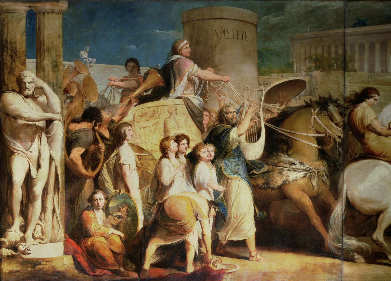 Korunování vítězů v Olympii, třetí v sérii „Pokrok lidské kultury a vědění“, detail vozataje, Hiera ze Syrakus a vítězů, kolem 1777-84 od James Barry