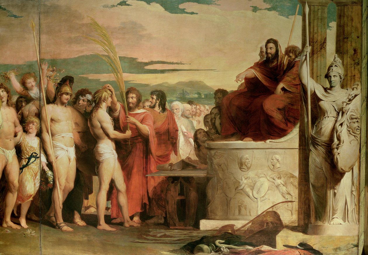 Korunování vítězů v Olympii, třetí v sérii The Progress of Human Culture and Knowledge, detail vítězů korunovaných před Hellanodicae, kolem 1777-84 (viz 101472, 10 od James Barry