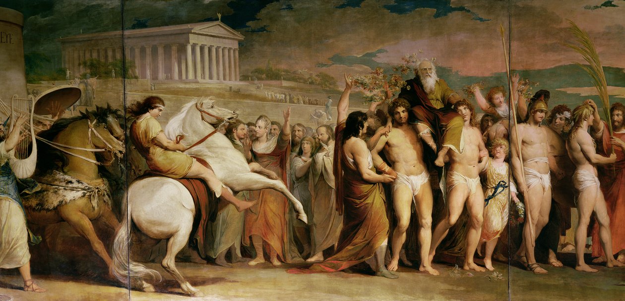 Korunování vítězů v Olympii, třetí ze série The Progress of Human Culture and Knowledge, detail centrálního panelu zobrazující Diagoras, kolem 1777-1801 (viz 101472, 101473 a 101475) od James Barry
