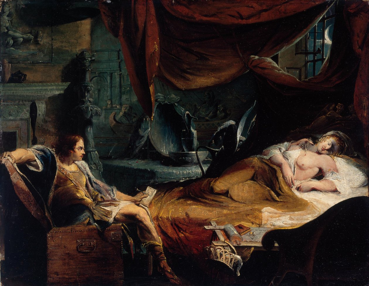 Iachimo vystupující z truhly v Imogenině ložnici od James Barry