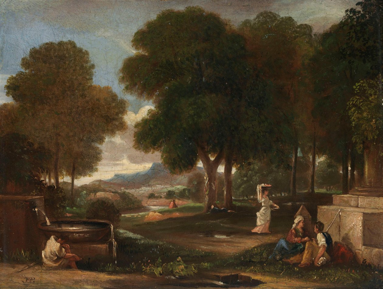 Landschaft mit einem Mann, der seine Füße an einem Brunnen wäscht od James Barry
