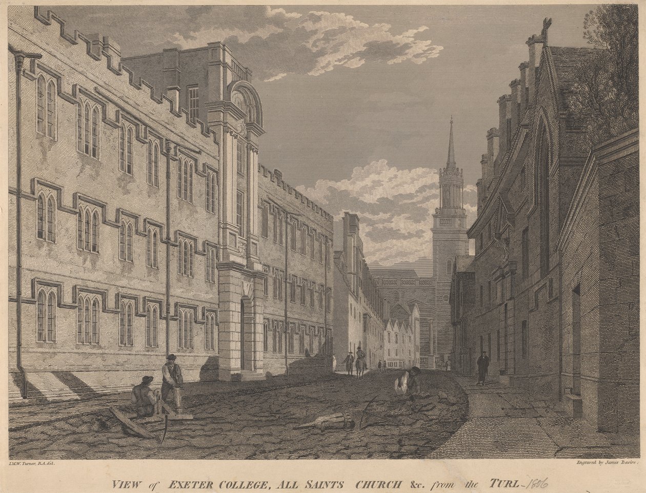 Pohled na Exeter College, kostel Všech svatých, z Turl od James Basire