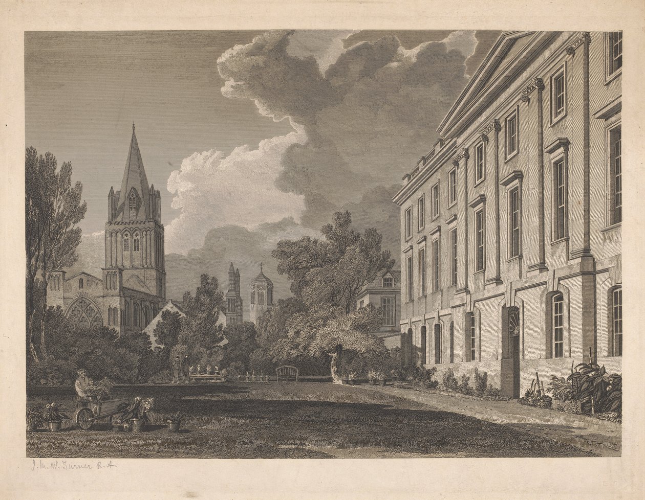 Pohled na katedrálu Christ Church a část Corpus Christi College od James Basire
