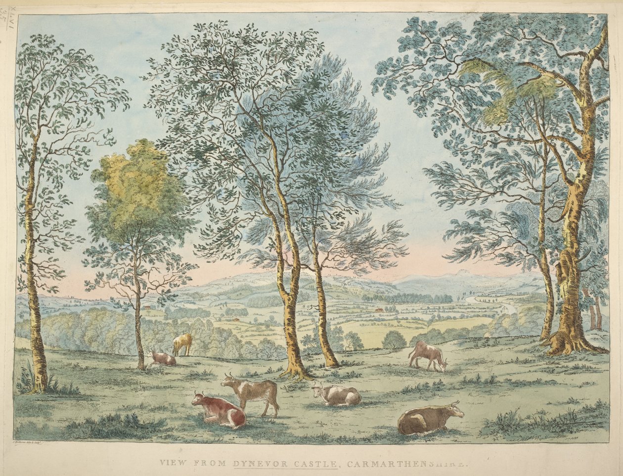 Maps K, Top 46. 35 c Pohled z hradu Dynevor, Carmarthen (ručně kolorovaný lept) od James Bretherton
