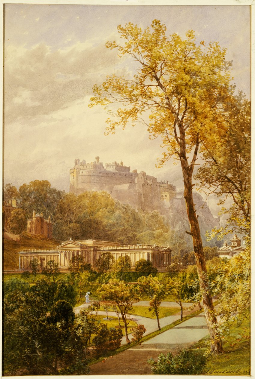 Pohled na zahrady Princes Street a Národní galerii, Edinburgh při pohledu na západ směrem k hradu, 1855 od James Burrell Smith