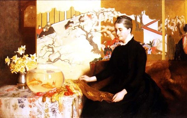 Dáma s japonským plátnem a zlatou rybkou (Portrét umělcovy matky) od James Cadenhead