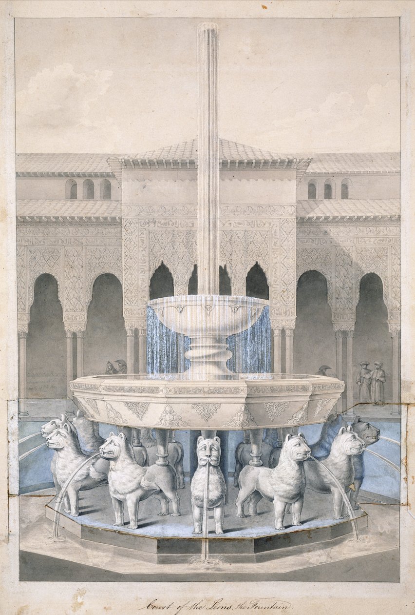 Fontána na dvoře lvů, Alhambra, z Arabských starožitností Španělska, vydané 1815 (ručně kolorovaná rytina) od James Cavanagh Murphy