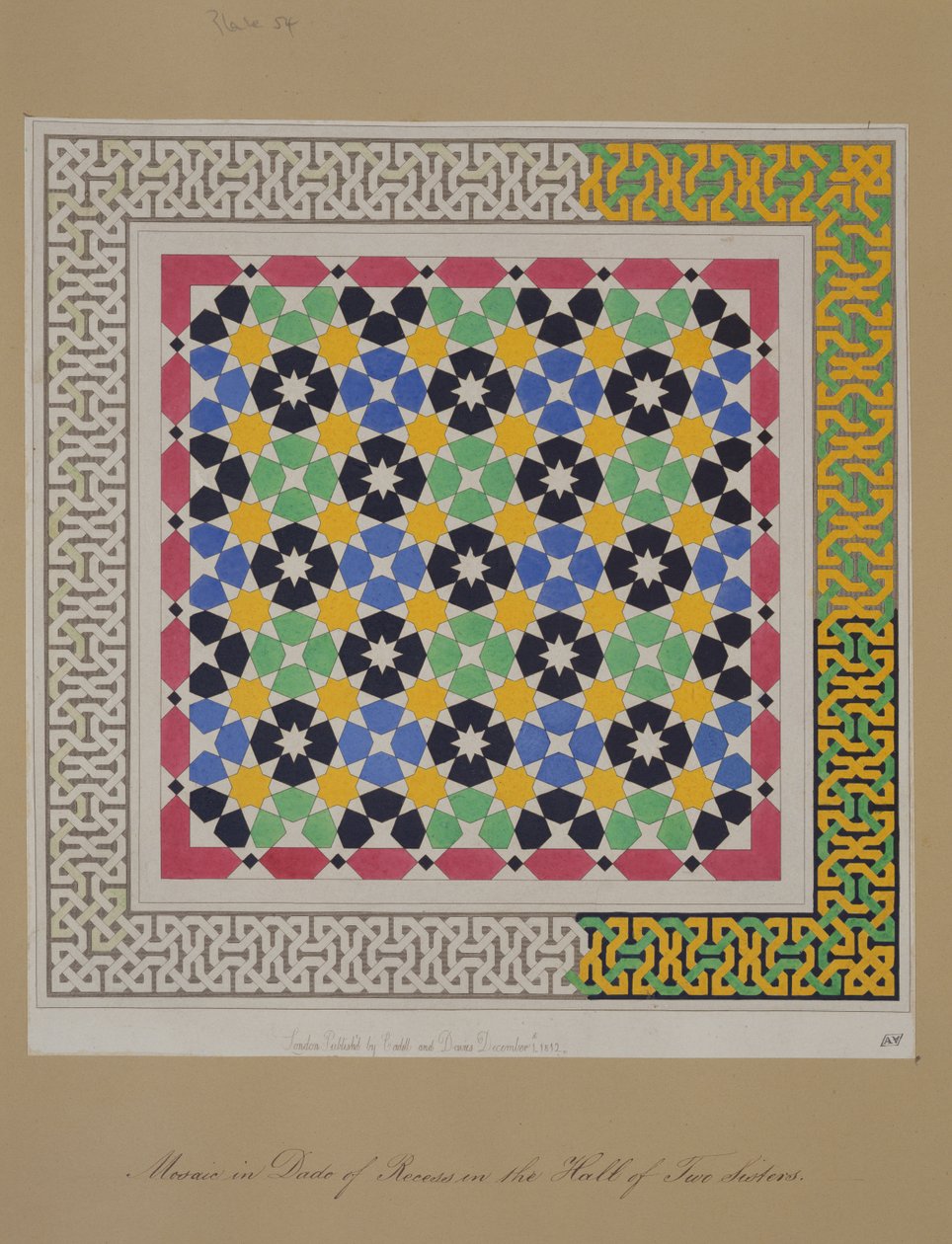 Mozaika in dado výklenku v sále dvou sester, Alhambra, z „Arabských starožitností Španělska“, vydaného v roce 1812 od James Cavanagh Murphy