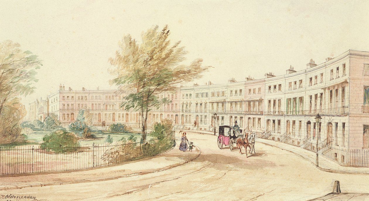 Royal Crescent, Cheltenham, cca 1850 (wc na papíře) od James Charles Oldmeadow