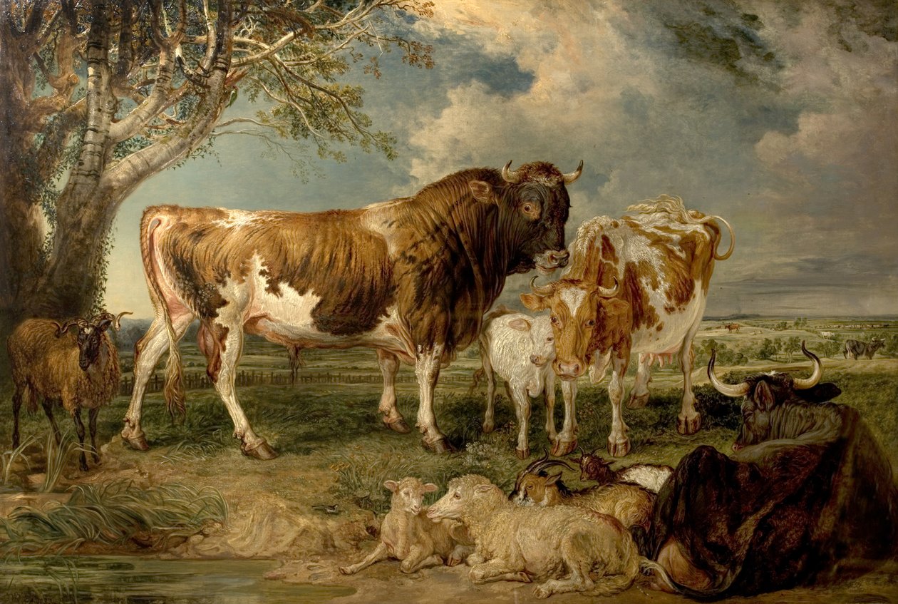 Býk, kráva a tele v krajině, 1837 od James Charles Ward