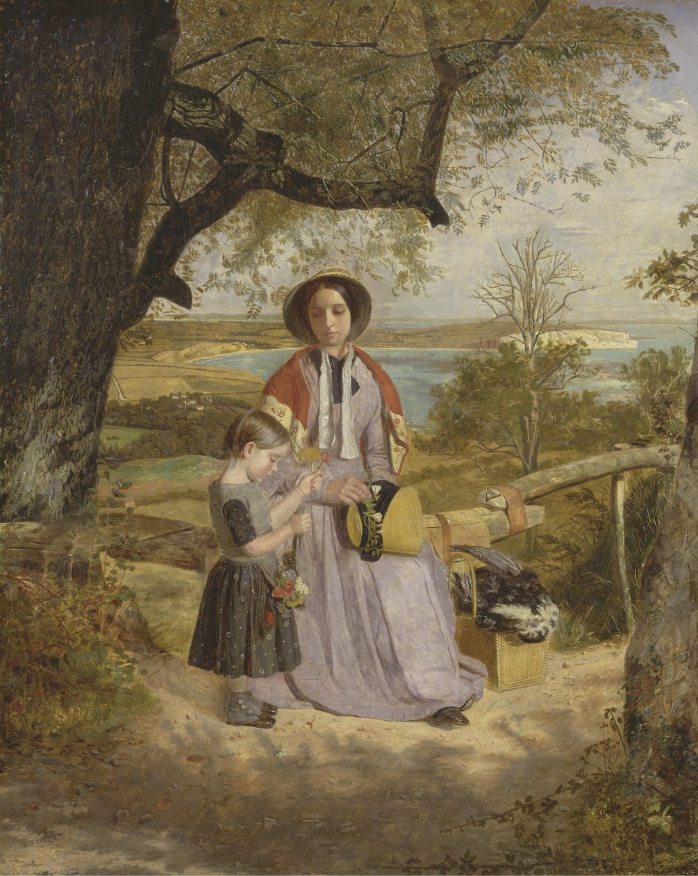 Mother and Child by a Stile, s Culver Cliff, Isle of Wight, v dálce, cca 1849-50 (olej na panelu) od James Collinson