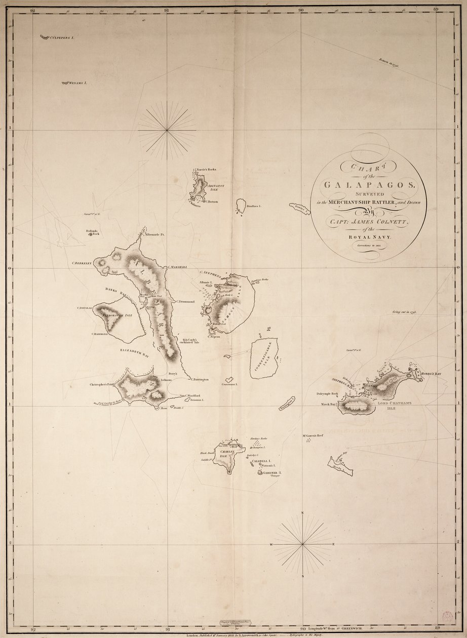 Mapa Galapág, kterou na obchodní lodi "Rattler" nakreslil kapitán James Colnett z Královského námořnictva. Opravy do roku 1832. od James Colnett