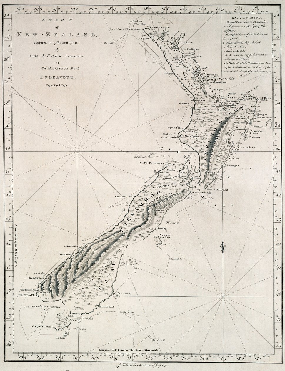 Mapa Nového Zélandu, který v letech 1769 a 1770 prozkoumal poručík J. Cook, velitel lodi Jeho Veličenstva Endeavour od James Cook