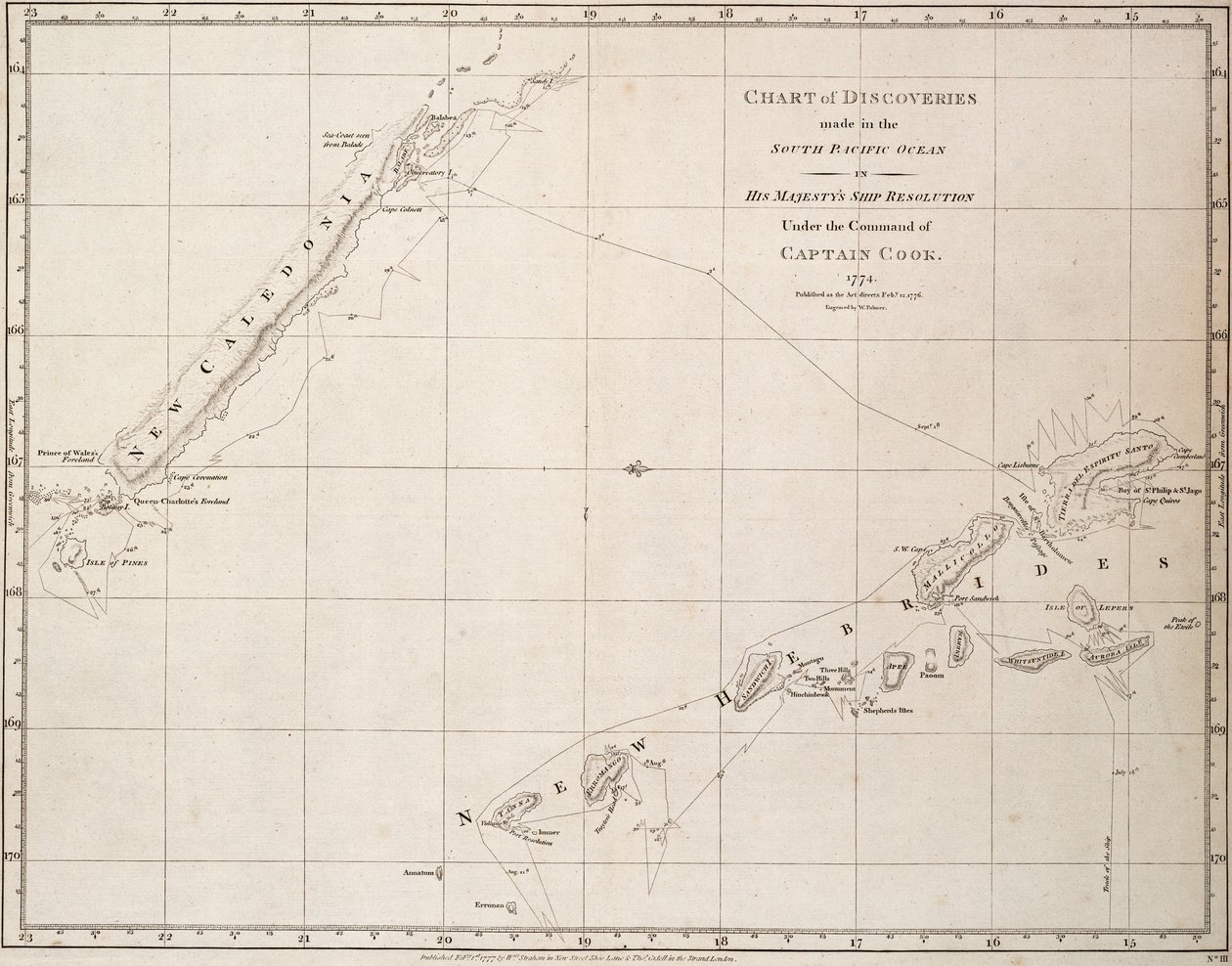 Mapa objevů učiněných v jižním Tichém oceánu na lodi Jeho Veličenstva "Resolution" pod velením kapitána Cooka od James Cook