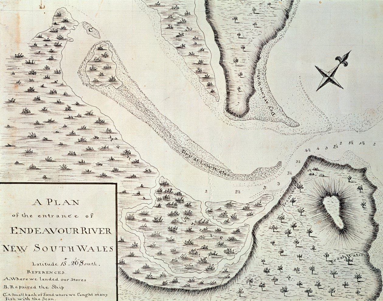 Mapa vstupu Endeavour River, mapa z popisu první cesty vedené Jamesem Cookem (1728-1779) mezi 1768 a 1771, Austrálie od James Cook
