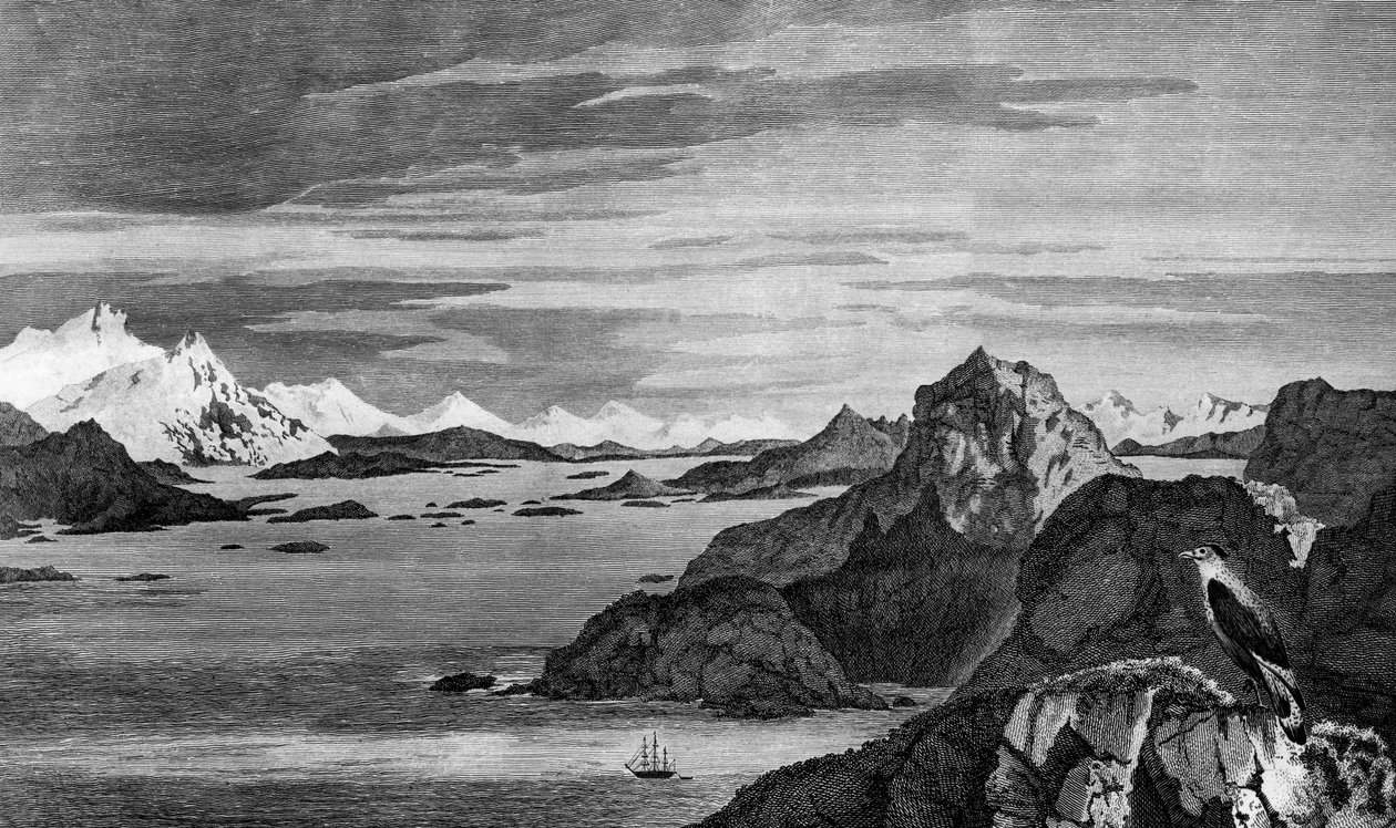 Pohled na vánoční zvuk, Ohňová země, kresba William Hodges, rytina William Watts, ilustrace z Voyage směrem k jižnímu pólu a Round World, James Cook (1728-1779), vydání vydané v Paříži v roce 1778 od James Cook