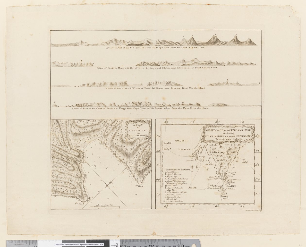 ii. (a) Čtyři profily pobřeží Terra del Fuego (b) Plán úspěšné zátoky v Strait le Maire (c) Mapa S.E. část Terra del Fuego, vyryli T. Borven a J. Gibson od James Cook