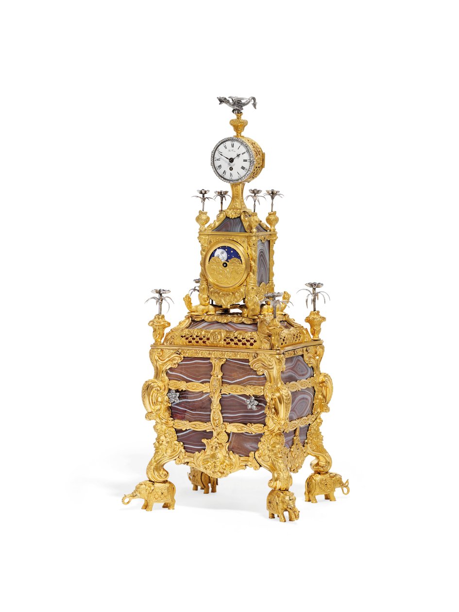 Stolní hodiny s hudebními hodinami George III, kolem roku 1766 (ormolu, stříbro a achát) (viz také 1860) od James Cox