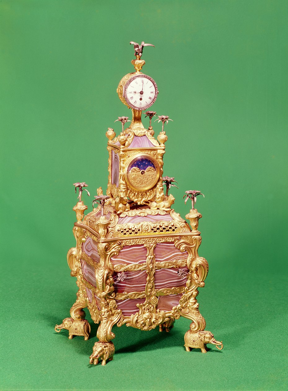 Stolní hodiny s hudebními hodinami George III, c.1766 (ormolu, stříbro a achát) (viz také 829810) od James Cox