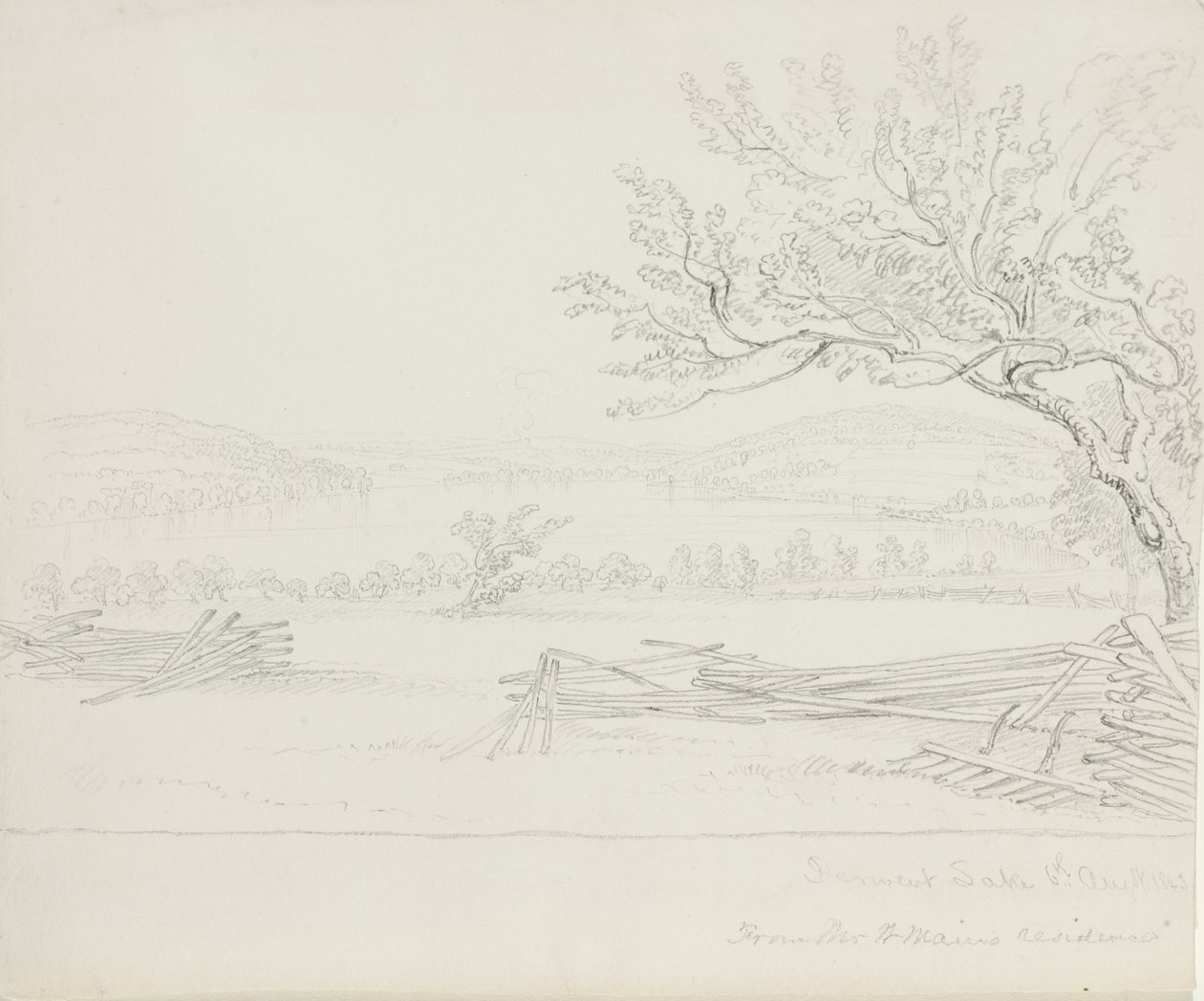 Derwent Lake z rezidence pana W. Mainse, 1843 (grafit na krémově tkaném papíře) od James David Smillie