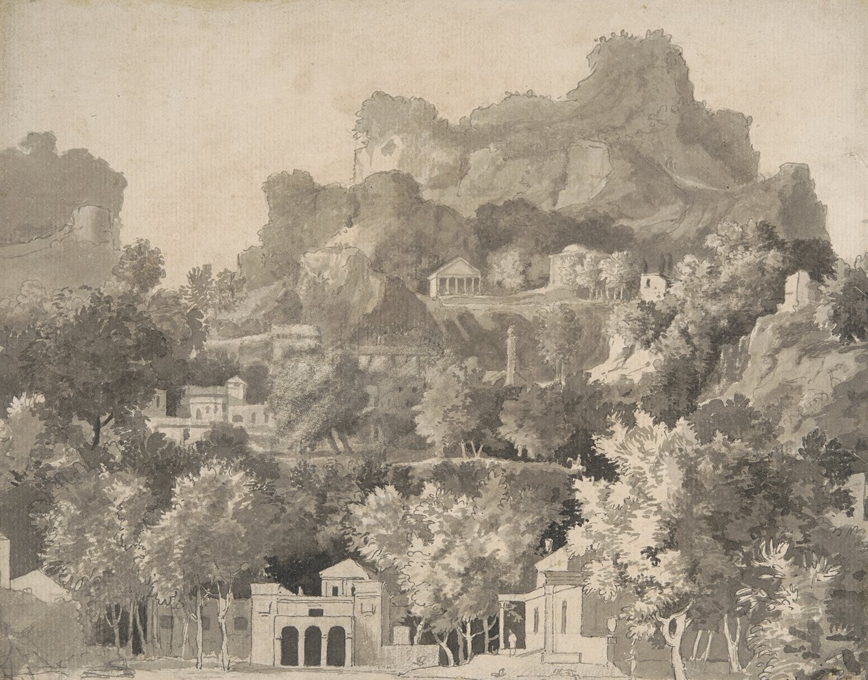 Skalnatá krajina s klasickými budovami, cca 1745 (pero a inkoust s mytím na papíře) od James Deacon