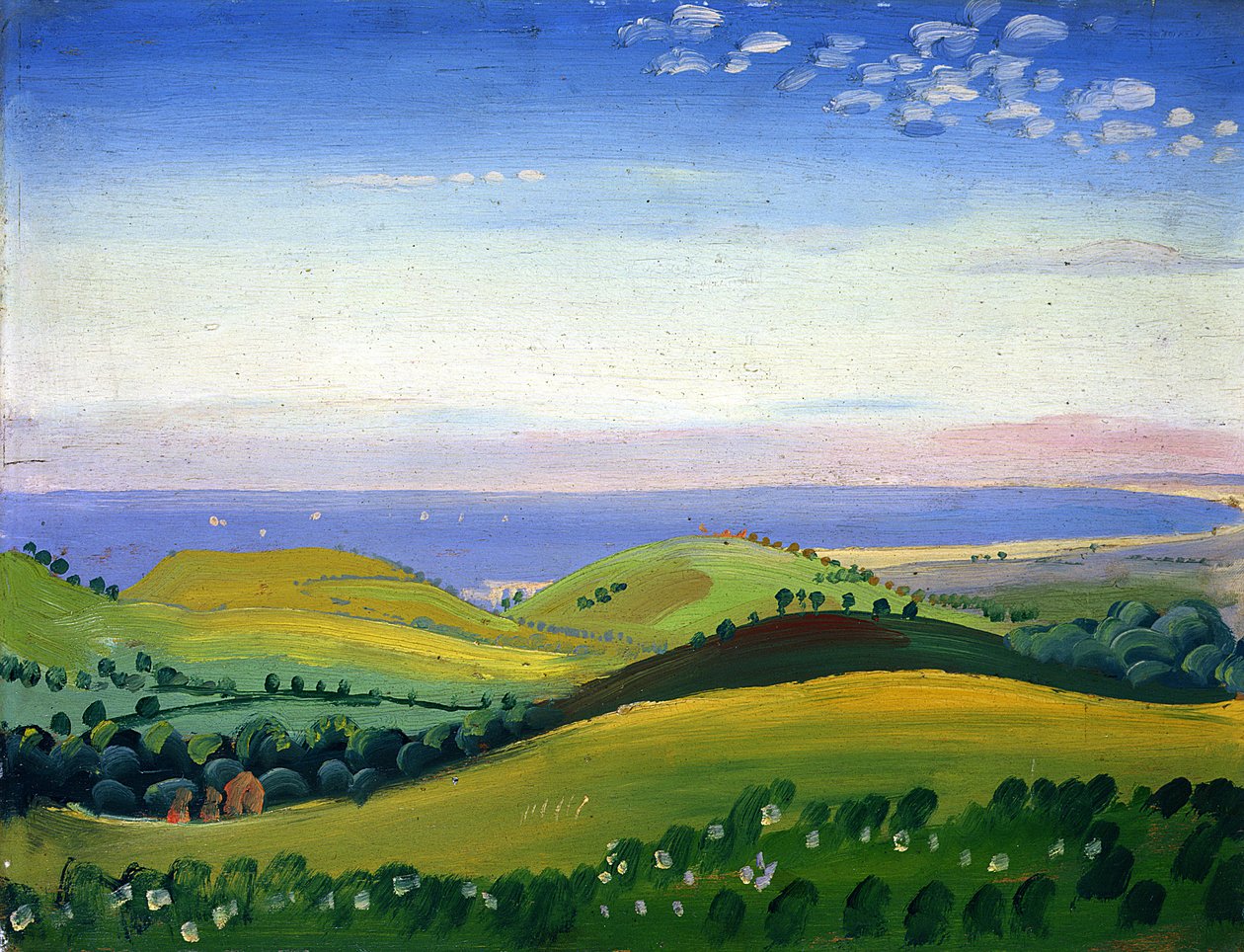 Pohled z White Hart, Guestling, Sussex, cca 1911-12 (olej na panelu) od James Dickson Innes