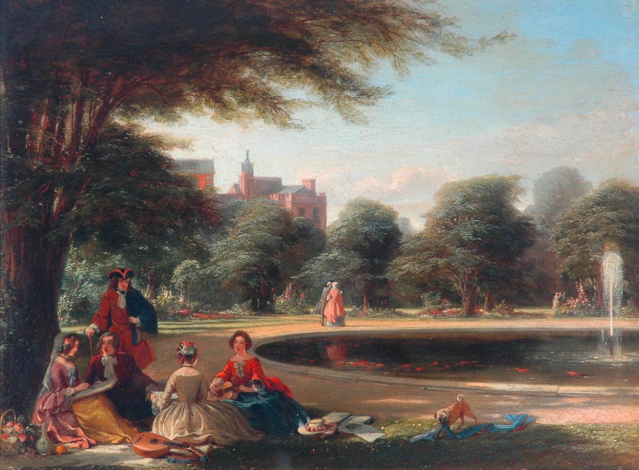 Hampton Court, fontána (olej na panelu) od James Digman Wingfield