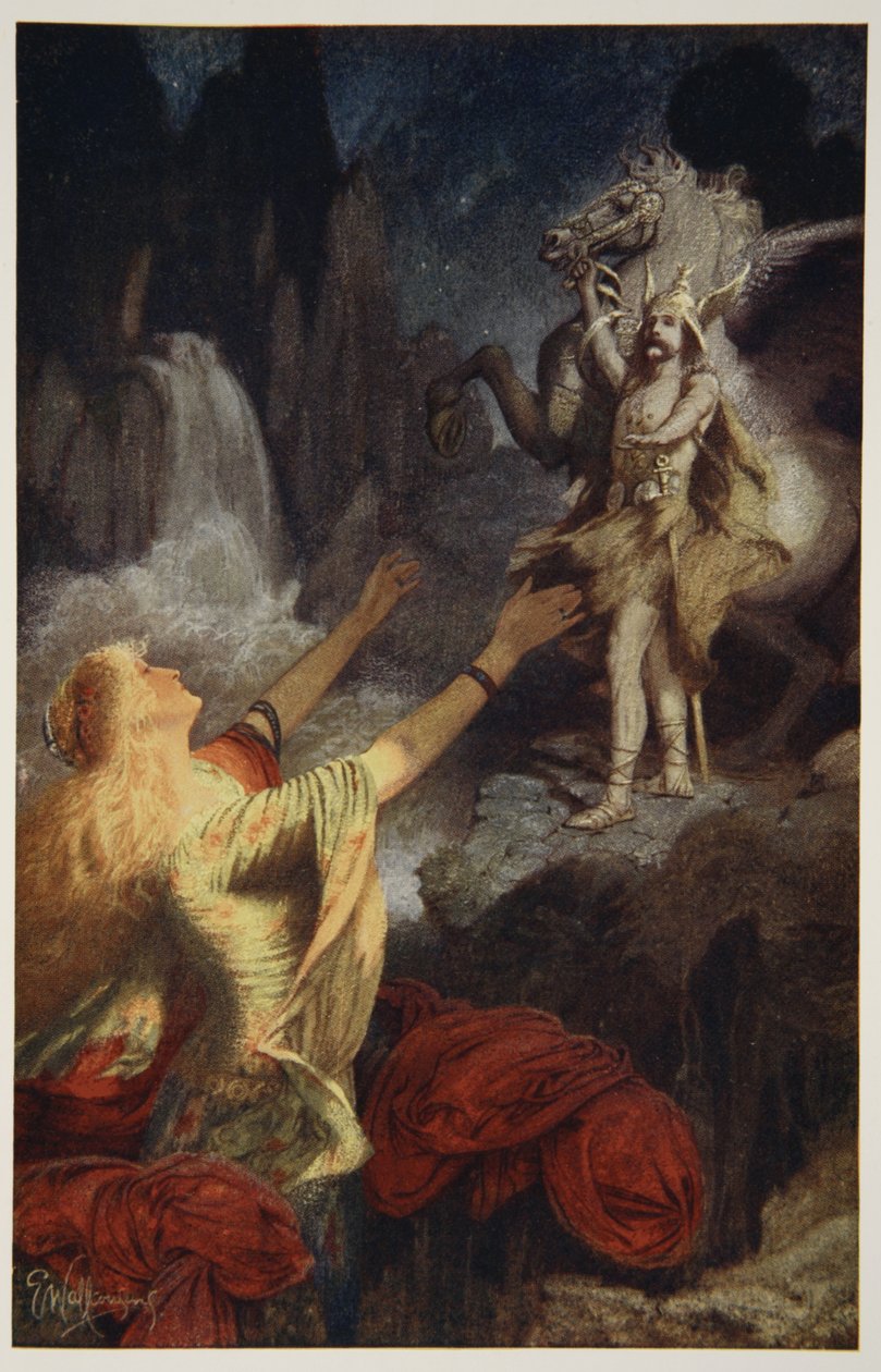 Hundingsbanes se vrací do Valhalu, ilustrace z „Teutonských mýtů a legend“ od Donalda A. Makenzie, 1890 od James Doyle Penrose