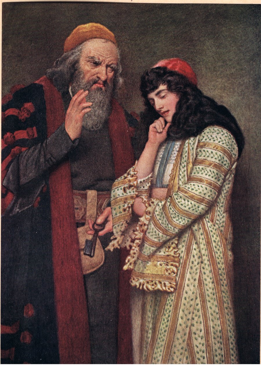 Shylock a Jessica, ilustrace z "Kupce benátského", asi 1910 od James Dromgole Linton