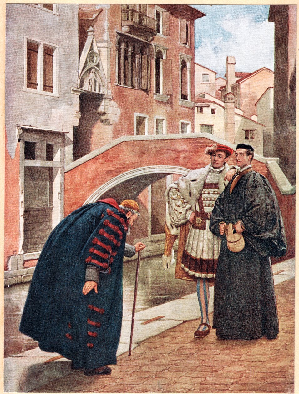 „Se zatajeným dechem a šeptající pokorou“, ilustrace z „Kupce benátského“, kolem roku 1910 od James Dromgole Linton