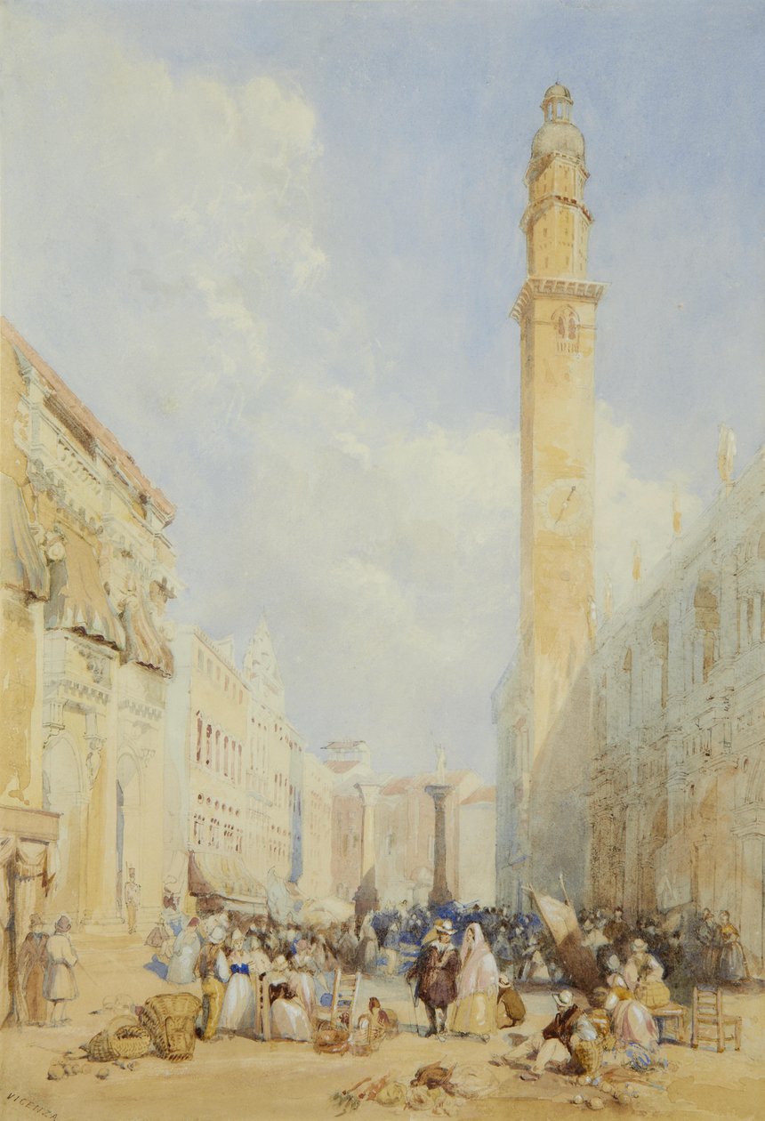 Vicenza; nápis „VICENZA“ (vlevo dole); akvarel se stopami tužky a zvýrazněný bílou a tělovou barvou 40 x 27,5 cm od James Duffield Harding