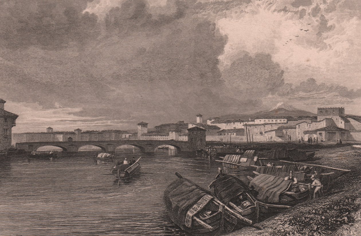 Näkymä Arno-joelle Pisassa, Toscanassa, Italiassa, Thomas Highamin (1796-1844) teräskaiverrus James Duffield Hardingin (1798-1863) piirtämänä od James Duffield Harding