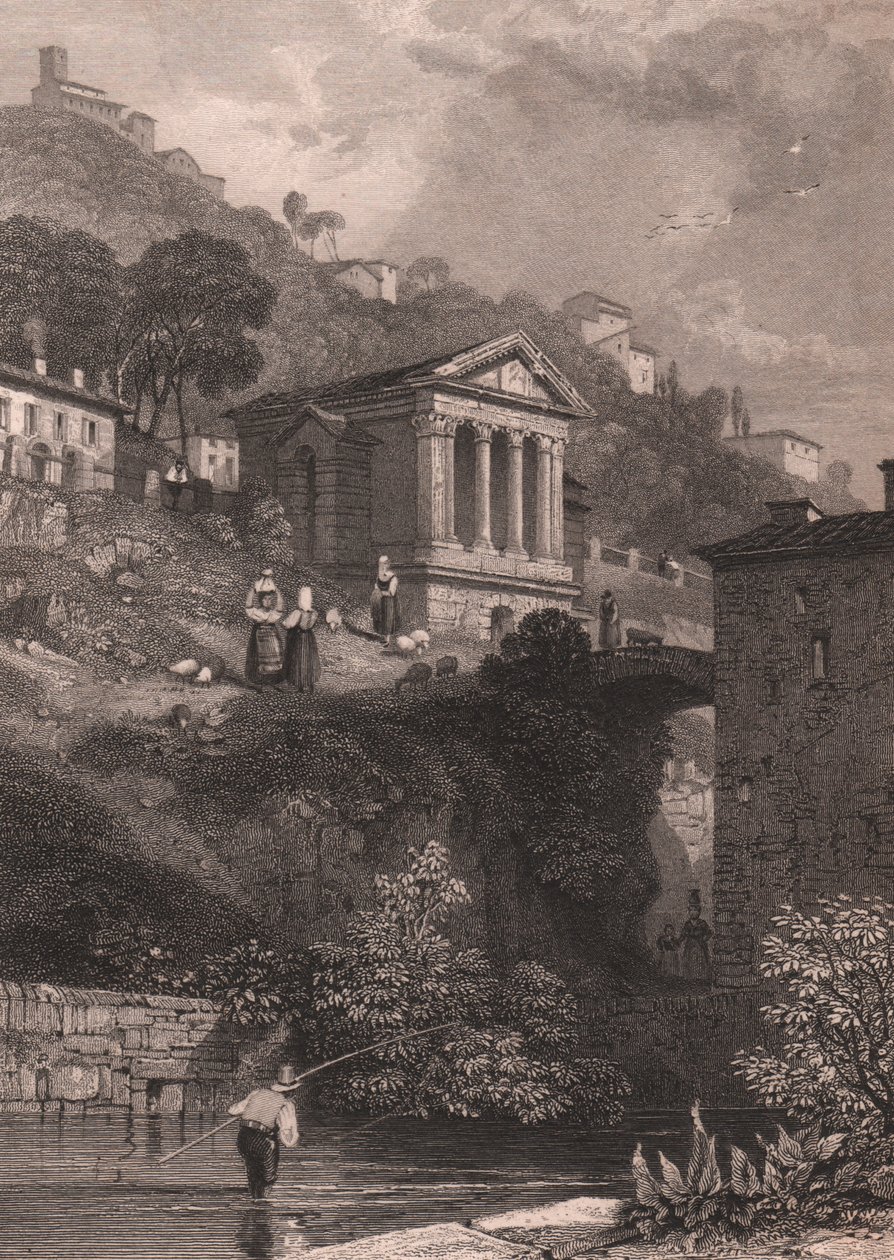 Näkymä Clitumnuksen temppelistä Clitunno-joen varrella lähellä Campello sul Clitunnoa, Umbria, Italia, Jordanin teräskaiverrus James Duffield Hardingin (1798-1863) piirtämänä, noin 10, 5x15 cm od James Duffield Harding