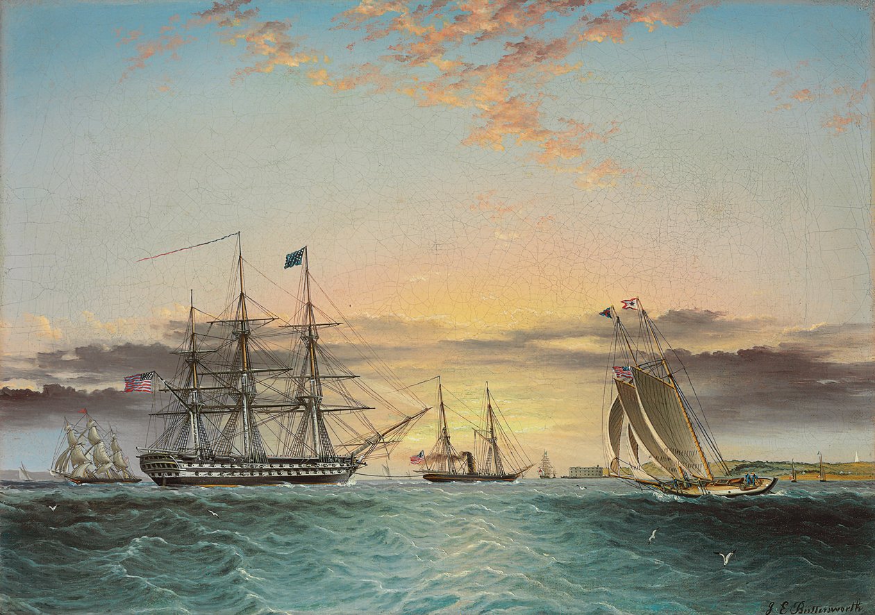 U.S.S. Ohio Under Tow v Lower Bay, New York s výhledem na Fort Hamilton od James E. Buttersworth